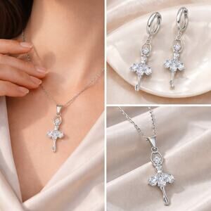 Sterling Silver Plated 925 CZ Ballerina Necklace & Hoop Earring Set